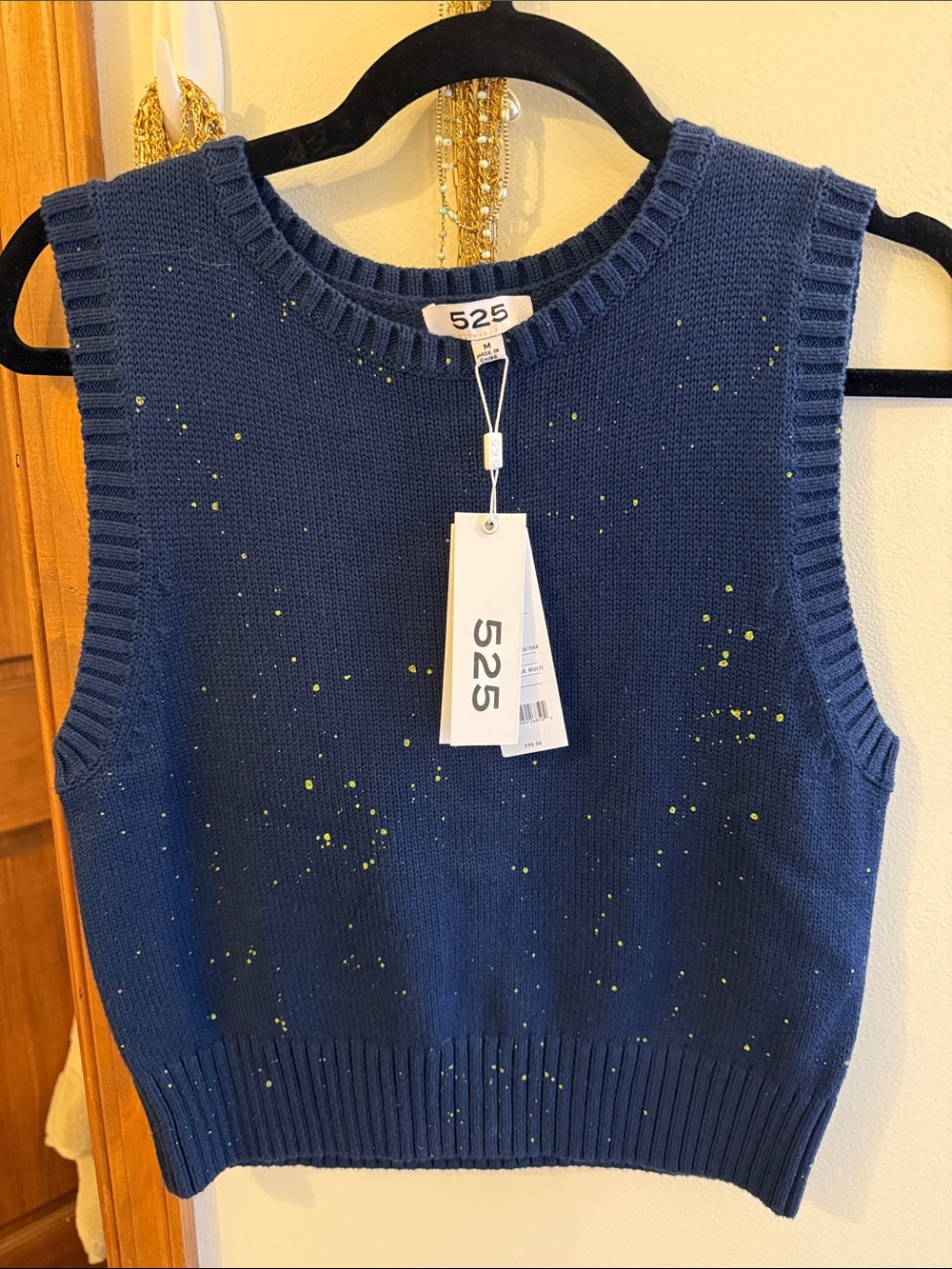 525 Navy Knit Sleeveless Sweater Vest with Yellow Speckle